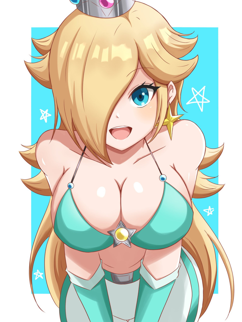 1girls big_breasts big_thighs blonde_hair blue_eyes bra breasts crown ear_piercing earrings female huge_breasts long_hair looking_at_viewer mario_(series) mario_kart mouth nintendo one_eye_covered one_eye_obstructed open_mouth princess_rosalina shiny_breasts shiny_skin smile smiling smiling_at_viewer solo solo_female super_mario_galaxy teeth teeth_showing teeth_visible thighs white_skin yassrosalina yellow_hair