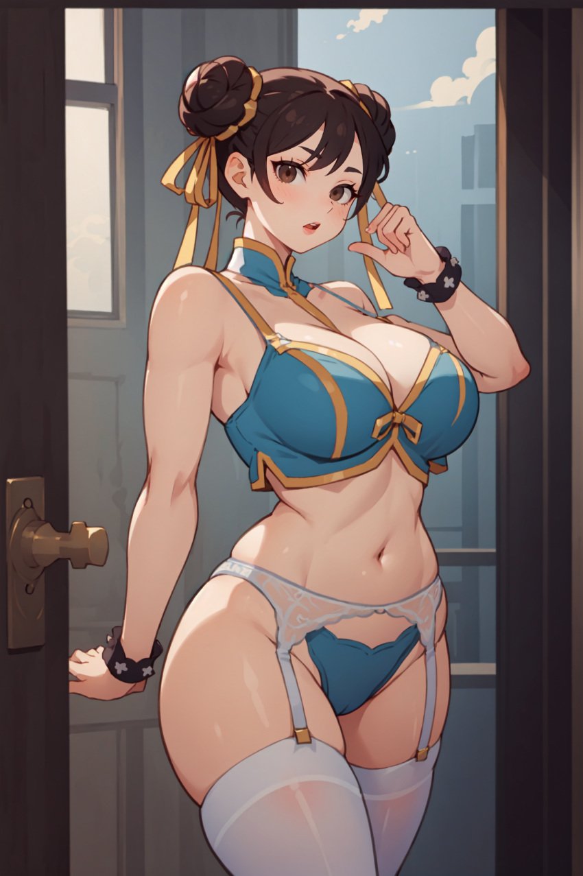 1girls ai_generated barely_clothed big_breasts blue_lingerie brown_hair cameltoe chun-li cleavage cuffs door doorway female female_focus female_only garter_belt garter_straps hair_bun hair_buns jorgecarlosai lingerie looking_at_viewer muscular muscular_female navel panties solo solo_female solo_focus street_fighter street_fighter_6 street_fighter_alpha street_fighter_alpha_2 street_fighter_alpha_3 street_fighter_iii street_fighter_iv street_fighter_v thick thick_ass thick_thighs thighhighs thighs white_thighhighs wide_hips