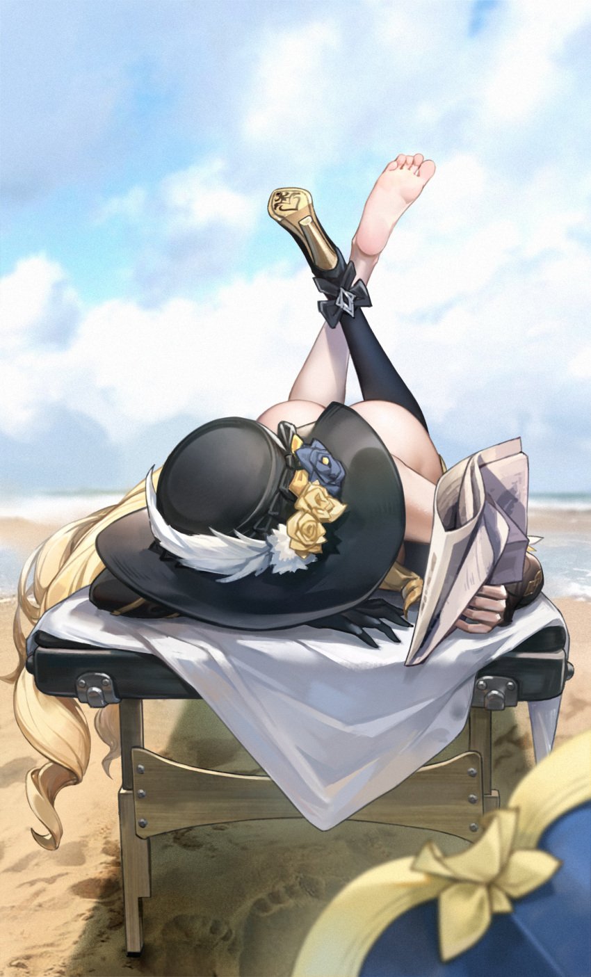 1girls ass ass_in_air ass_up bare_back bare_legs bare_shoulders bare_sole bare_soles barefoot beach big_ass big_butt blonde_hair boot breasts butt_crack crossed_ankles crossed_legs detached_sleeves feet feet_fetish female flowers fontaine foot_fetish genshin_impact gloves hat hat_only hi_res high_heels high_resolution highres hle honkai_(series) hoyoverse implied_nudity large_ass laying_down laying_on_stomach le_(huanglongen) leggings long_hair missing_shoe navia_(genshin_impact) newspaper on_stomach reading relaxing resting seaside shoe shoes_only shoes_removed sole_female solo solo_female sunbathing tights toes twintails wide_brim_hat