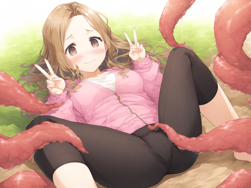 ai_generated before_sex before_tentacle_sex black_legwear blush brown_eyes brown_hair consensual_tentacles crotch_seam ear embarrassed eyebrows female forehead grass ground imminent_sex imminent_tentacle_sex no_shoes no_socks peace_sign pink_hair pink_jacket slimy_tentacles small_breasts spandex spread_legs tentacle tentacles tentacles_around_legs two_tone_hair wavy_mouth white_shirt yoga_pants zipper