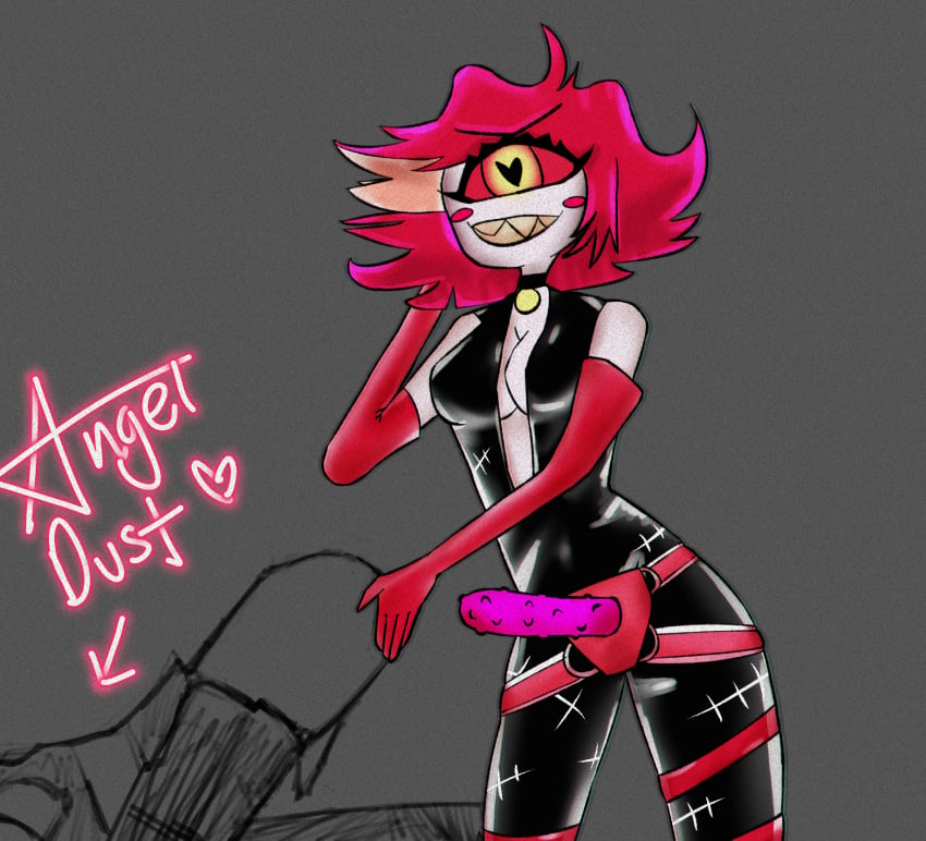 1_eye angel_dust_(hazbin_hotel) bdsm cyclops demon demon_girl fappycatt female gloves hand_on_ass hazbin_hotel latex latex_gloves latex_suit niffty pegging red_gloves red_hair