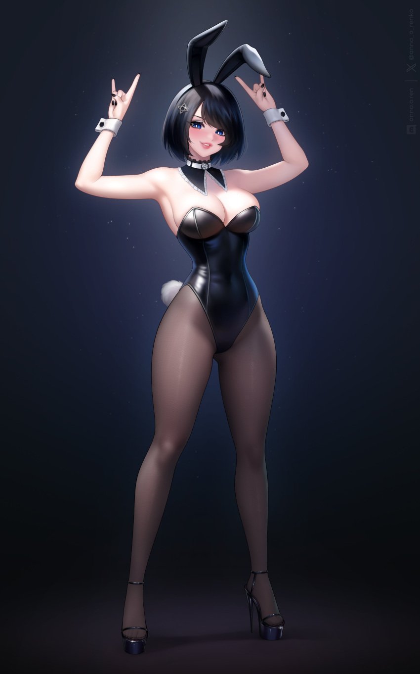 1girls 2023 \m/ absurd_res anna_o_renko arms_up black_hair blue_eyes blush bunny_ears bunny_tail bunnysuit detached_collar female female_only full_body heels looking_at_viewer pantyhose smiling smiling_at_viewer solo wrist_cuffs