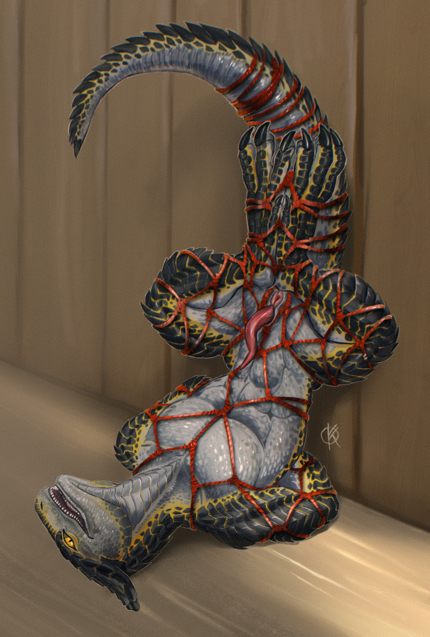 against_surface against_wall anthro bondage bound claws cuntboy cuntboy_sans_balls digital_media_(artwork) digital_painting_(artwork) entangled erection genitals grey_body grey_scales herm hermaphrodite hi_res horn intersex lizard male maleherm multi_genitalia nude penis ponynok pussy red_rope reptile restraints rope rope_bondage rope_harness scales scalie solo submissive tagme tail upside-down yellow_body yellow_scales