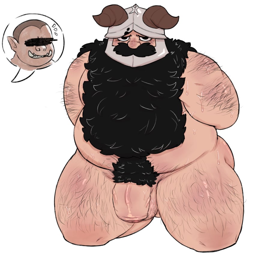 1boy absurdres arms_behind_back ass_visible_through_thighs bara beard belly brown_hair censored completely_nude dungeon_meshi dwarf excessive_pubic_hair facial_hair fake_horns fat fat_man flaccid frown girthy_penis hairy helmet highres horned_helmet horns identity_censor implied_yaoi kneeling long_beard looking_at_viewer male_focus male_only male_pubic_hair mature_male nude obese obese_male orc overweight overweight_male penis pubic_hair senshi_(dungeon_meshi) solo spoken_character thick_arm_hair thick_back_hair thick_beard thick_leg_hair thick_mustache tusks uncensored unholyluhen very_long_beard