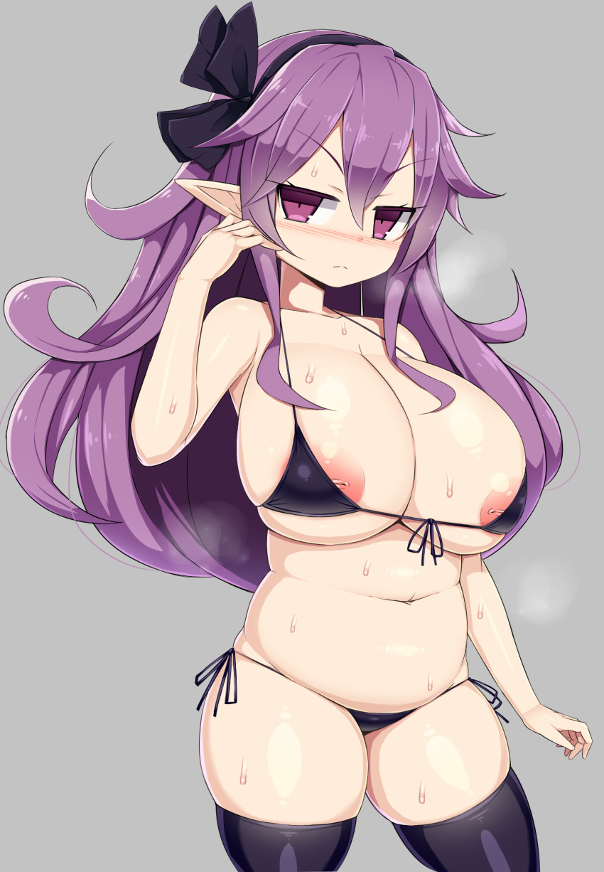 areola areolae armor_knight_(disgaea) big_breasts bikini breasts disgaea disgaea_d2 huge_areola huge_areolae huge_breasts large_breasts long_hair looking_at_viewer nipples nippon_ichi_software purple_hair sawati string_bikini swimsuit thighhighs