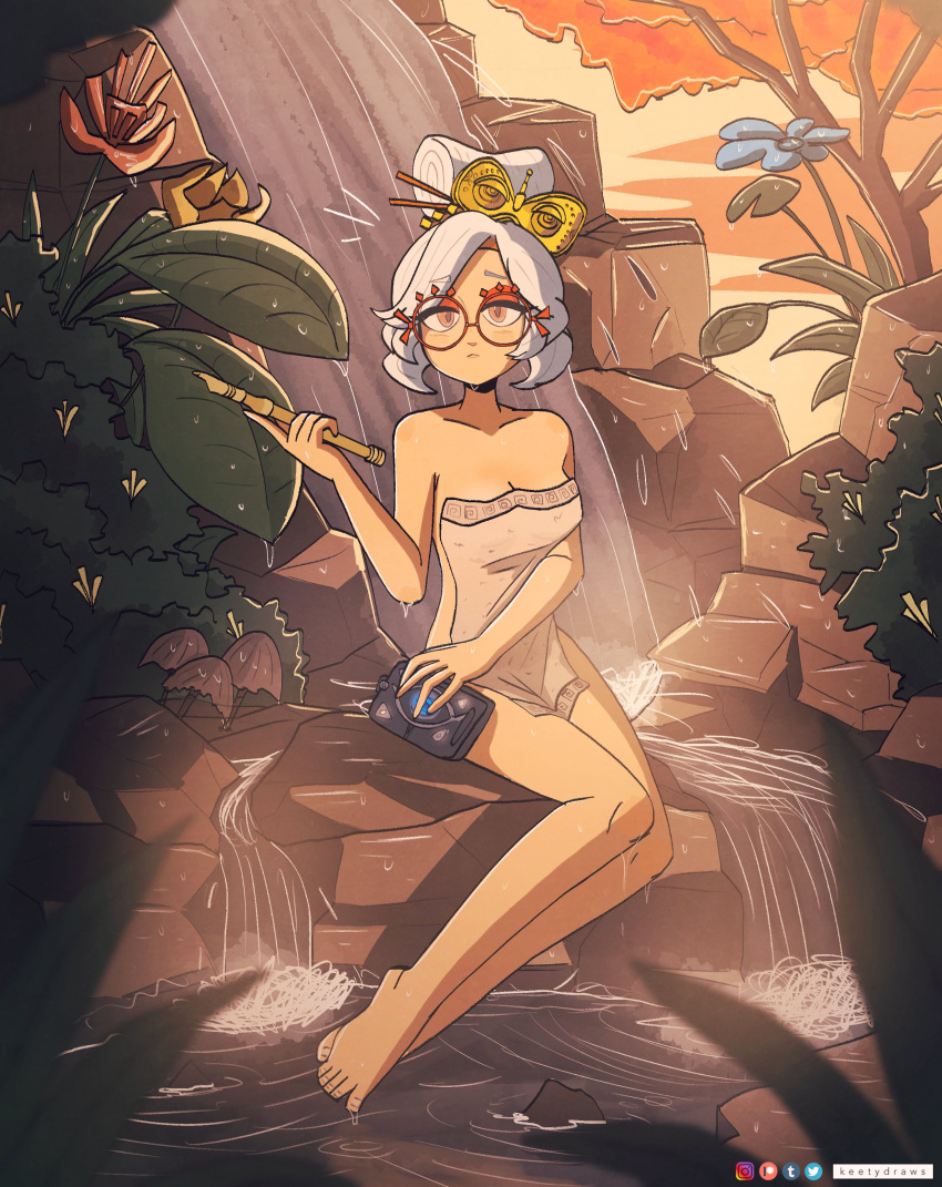 1girls breasts flowers glasses hair_bun hair_ornament hair_stick holding_instrument hot_spring keetydraws looking_at_viewer medium_breasts nintendo outside purah purah_pad recorder_(musical_instrument) red_eyes tears_of_the_kingdom the_legend_of_zelda towel water waterfall white_hair