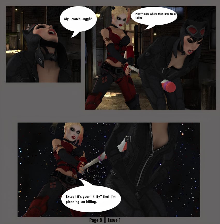 2girls 3d alstair2 batman:_arkham_city batman_(series) catwoman catwoman_(arkham) catwoman_(arkham_city) comic comic_page cuntbusting dc dc_comics harley_quinn harley_quinn_(arkham) harley_quinn_(arkham_city) low_blow multiple_girls selina_kyle