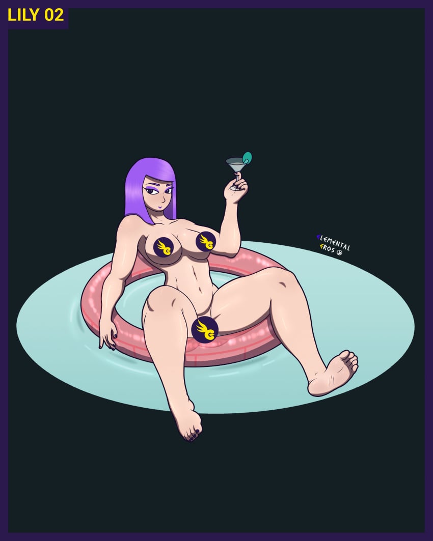 barefoot belly censored duolingo elementaleros feet female female_only floater goth_girl legs_apart lily_(duolingo) looking_at_viewer naked naked_female no_background nude nude_female open_legs purple_eyes purple_hair