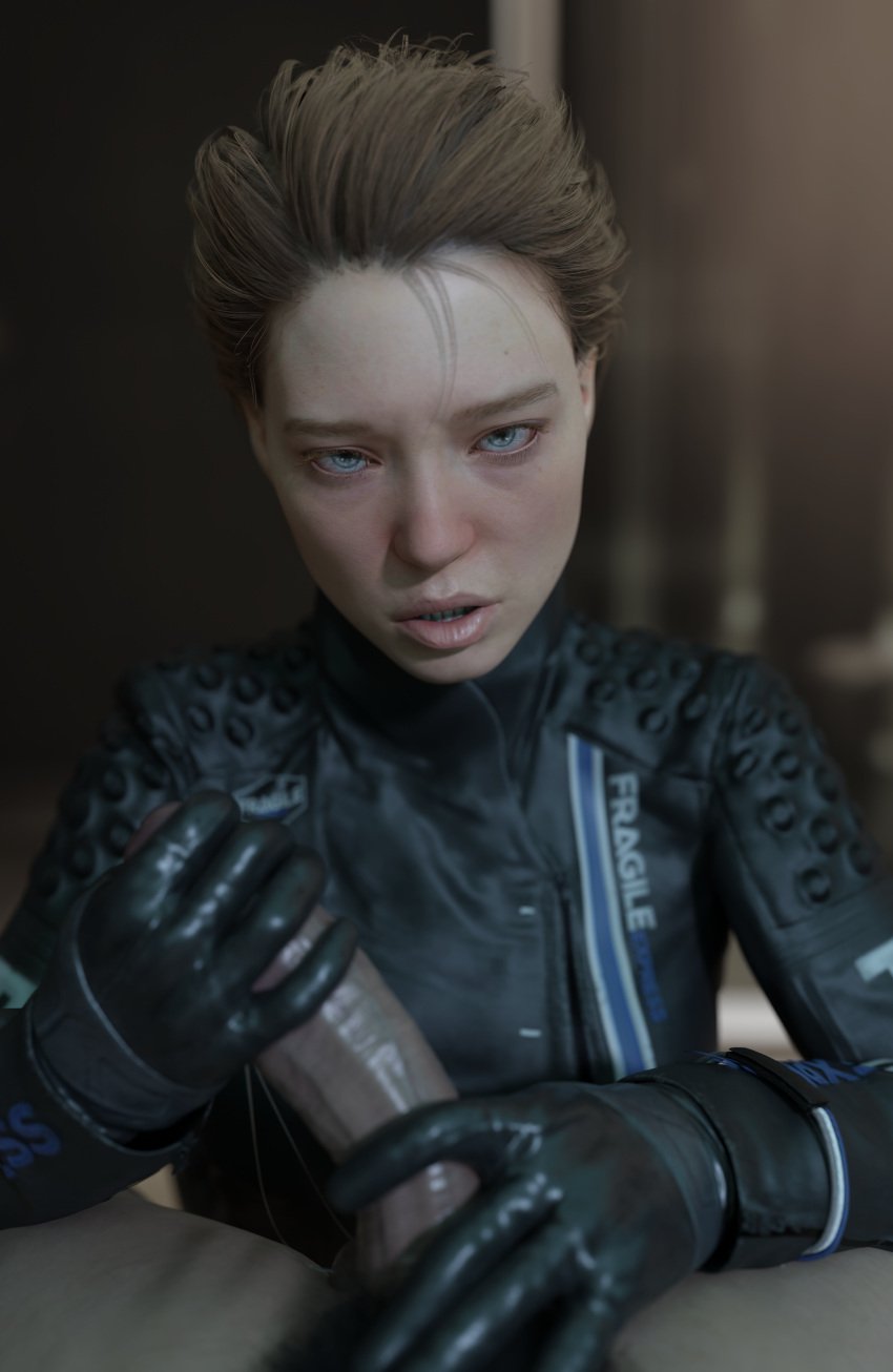 3d big_penis blonde_hair blue_eyes death_stranding emberstock eye_contact female fragile_(death_stranding) gloves handjob jacket lea_seydoux leather looking_at_viewer pov shiny_skin short_hair