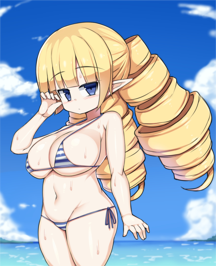 archer_(disgaea) big_breasts bikini blonde_hair blue_eyes breasts disgaea elf_ears huge_breasts large_breasts looking_at_viewer nippon_ichi_software ocean pointy_ears sawati short_stack shortstack string_bikini