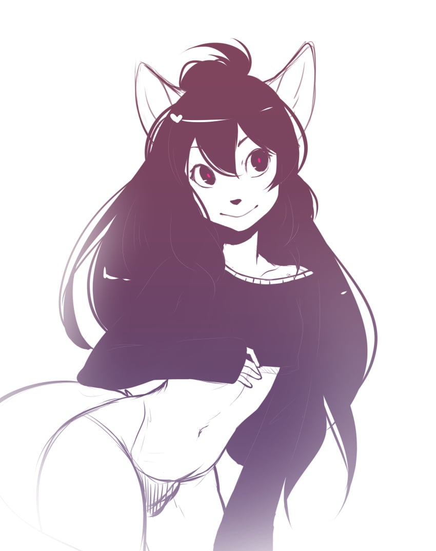 absurd_res anthro bare_shoulders black_hair bulge clothed clothing crop_top digital_drawing_(artwork) digital_media_(artwork) domestic_cat felid feline felis femboy fur girly hair heart hi_res long_hair male mammal mercy_(suelix) navel panties restricted_palette shirt simple_background skimpy smile solo suelix sweater topwear underwear white_background white_body white_fur