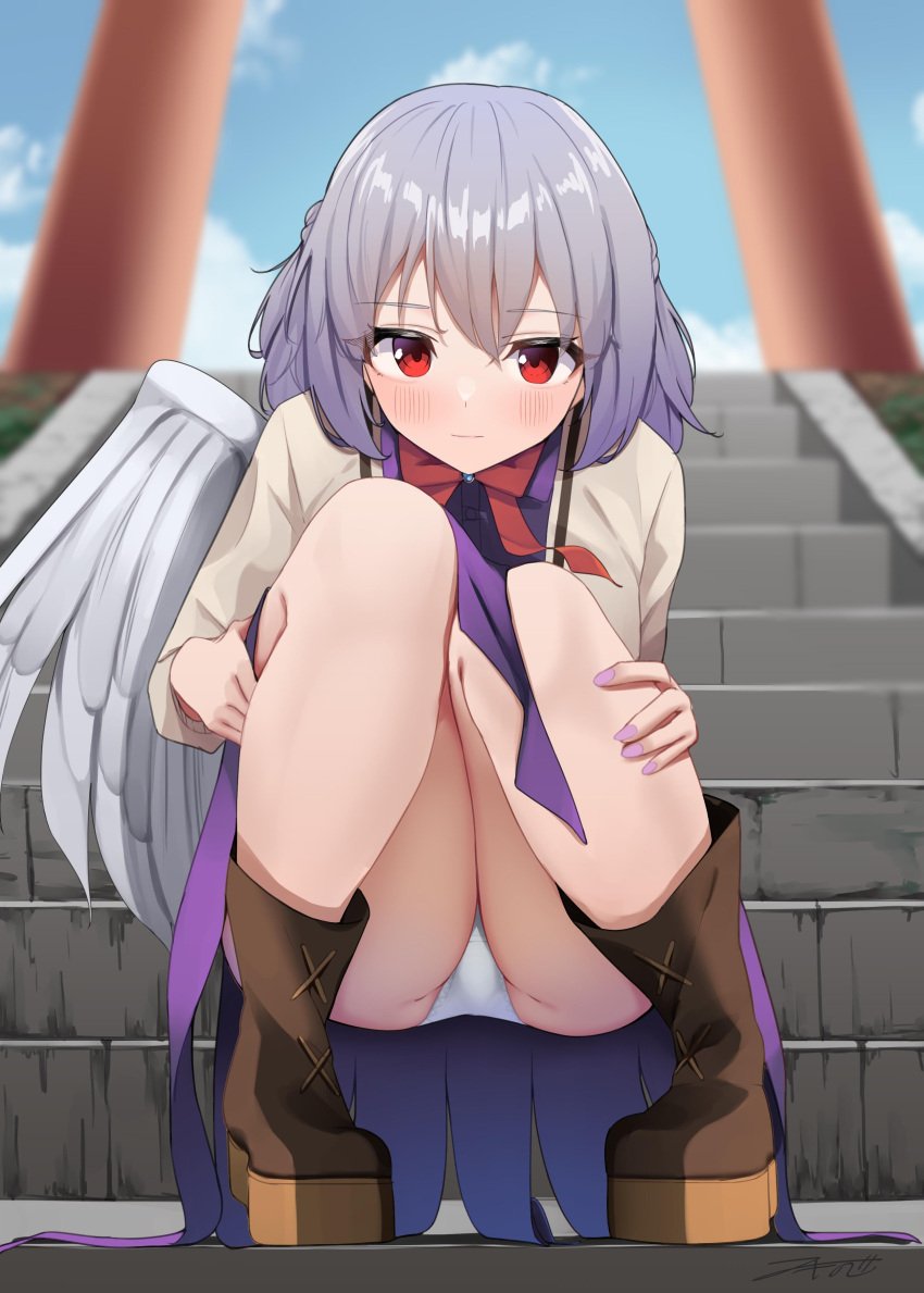 absurdres akinoji_(akiponpon27) ankle_boots ass bare_legs blush boots feathered_wings female highres kishin_sagume knees_together_feet_apart looking_at_viewer outdoors panties pantyshot platform_footwear purple_hair red_eyes sagume_kishin single_wing solo squatting stairs torii touhou underwear white_panties white_wings wings