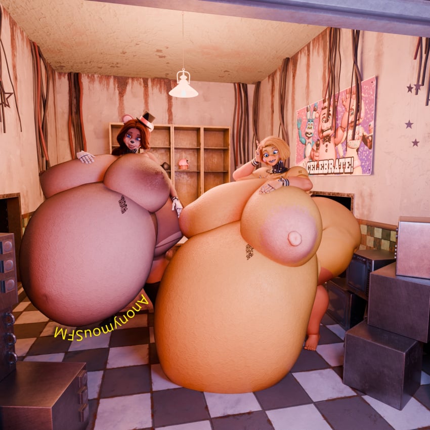 3d_(artwork) anonymousfm anthro areola ass avian bear belly big_belly big_breasts big_butt bird blender_(software) blender_cycles blush breasts brown_body chica_(fnaf) chicken clothing digital_media_(artwork) duo female five_nights_at_freddy's five_nights_at_freddy's_2 freddy_(fnaf) galliform gallus_(genus) hair hat headgear headwear hi_res huge_breasts hyper hyper_belly hyper_pregnancy mammal nipples nude open_mouth phasianid pregnant pregnant_female puffy_nipples scott_cawthon scottgames smile thick_thighs wide_hips