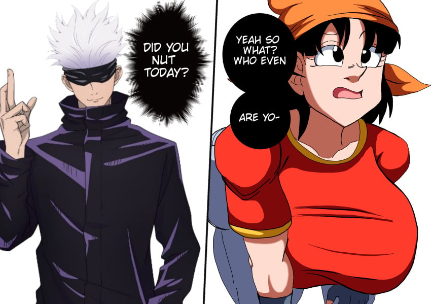 1boy 1boy1girl 1girls aged_up alternate_breast_size asian asian_male bending_over big_breasts breasts comic comic_page crossover did_you_pray_today dragon_ball dragon_ball_gt female huge_breasts imminent_sex jujutsu_kaisen large_breasts male massive_breasts meme pan_(dragon_ball) saiyanpride56 satoru_gojo straight thick_thighs