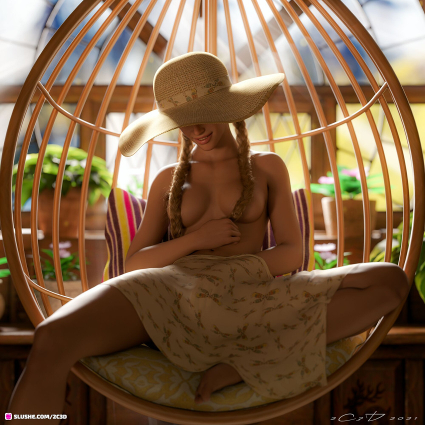 1girls 2021 2c3d 3d depth_of_field female female_masturbation female_only front_view hair_covering_breasts hat houseplant large_breasts masturbation seated sitting solo solo_female tagme topless window