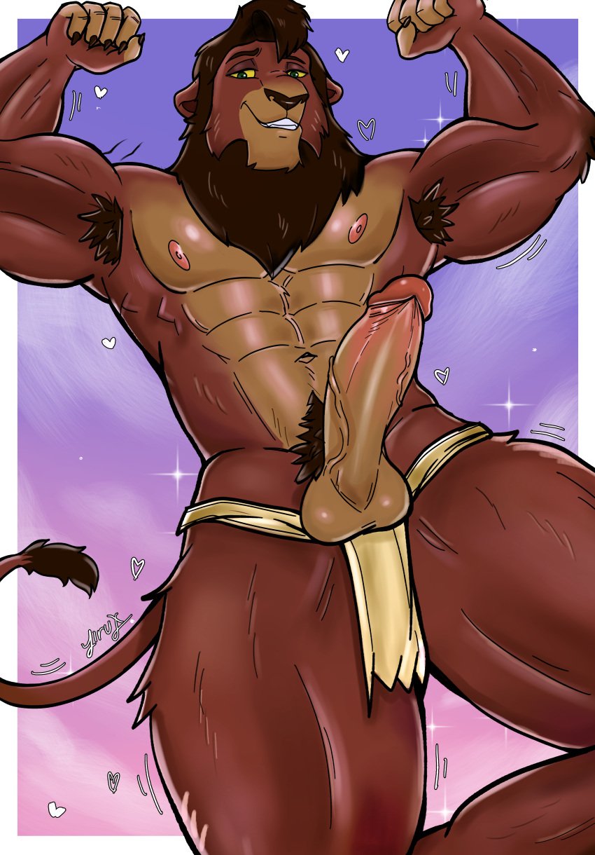 2023 abs absurd_res anthro armpit_hair balls body_hair brown_body digital_media_(artwork) disney erection felid flexing genitals hi_res humanoid_genitalia humanoid_penis jirux kovu_(the_lion_king) lion male male_only mammal mane muscular muscular_anthro muscular_male nipples nude pantherine penis pubes solo tail the_lion_king