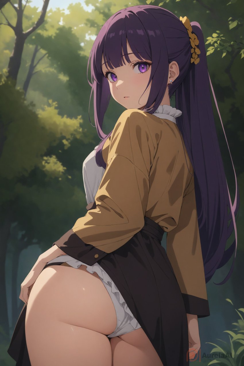 1girls ai_generated ass aurelaai bangs black_skirt blush cowboy_shot female fern_(sousou_no_frieren) from_behind hair_ornament long_hair long_sleeves looking_at_viewer medium_breasts panties purple_eyes sidelocks skirt skirt_lift solo sousou_no_frieren stable_diffusion thighs underwear white_panties