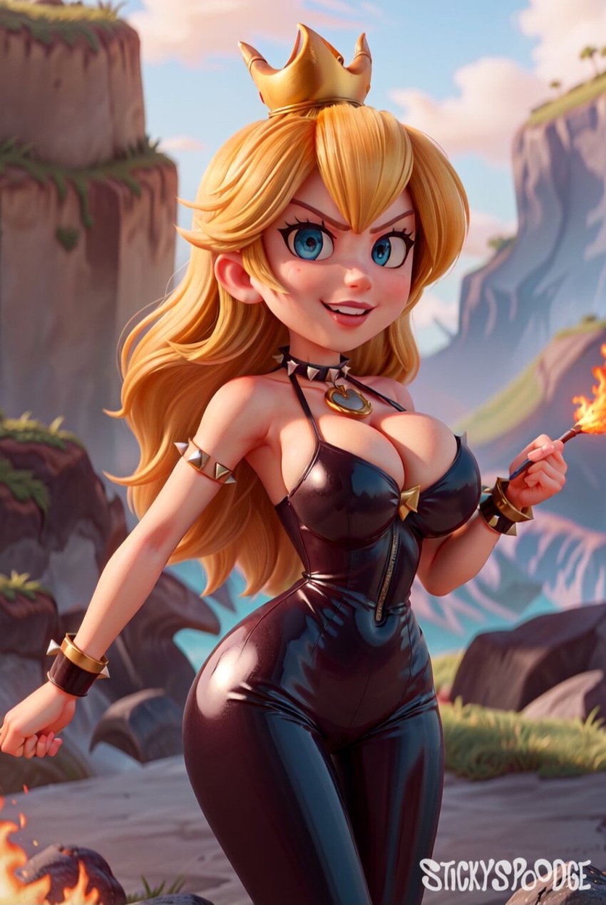 ai_generated blonde_hair blue_eyes bowsette_(cosplay) breasts choker clothed crown leather_clothing mario_(series) new_super_mario_bros._u_deluxe no_bra princess_peach princess_peach_(movie) stickyspoodge super_mario_bros._(2023_film) tight_clothes tight_clothing