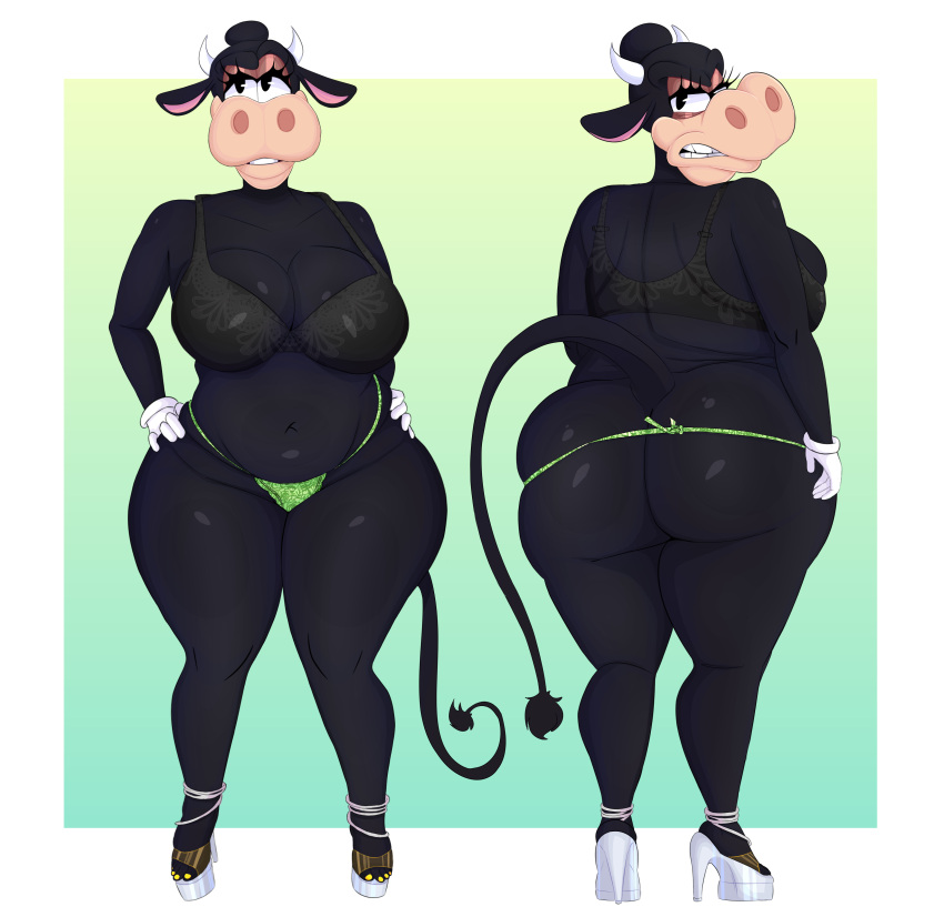 absurd_res angry annoyed anthro anthro_only ass big_breasts big_butt boolishclara bovid bovine bra breasts cattle clarabelle_cow clothing colored_nails disney female footwear hi_res high_heels jewelry mammal nails navel pinup pose thick_thighs thong underwear