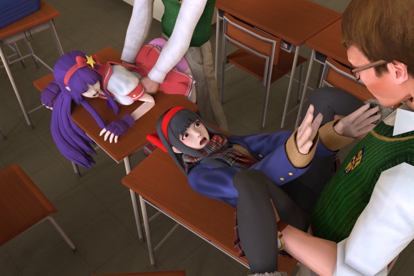 2boys 2girls 3d ass ass_grab athena_asamiya bent_over black_hair breasts cameltoe classroom closed_eyes crossover doggy_style female grey_eyes hair_ribbon hi_res king_of_fighters legs legs_up long_hair male medium_breasts missionary_position moaning multiple_boys multiple_girls nakoruru official_alternate_costume open_mouth outstretched_arms panties pantyhose purple_hair samurai_shodown scared scarf school_girl school_uniform schoolgirl schoolgirl_uniform seifuku serafuku sex sex_from_behind skirt small_breasts snk spread_legs thighs torn_clothes torn_panties vaginal_penetration