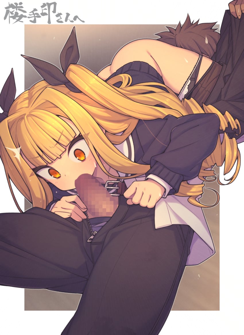 1boy 69 ass belt black_pants black_pantyhose black_skirt black_sweater blonde_hair blunt_bangs blush border censored clothes_pull collarbone drill_hair drill_sidelocks everyntrge fellatio female hair_ribbon highres implied_cunnilingus long_sleeves mosaic_censoring oral original panties pants pants_pull panty_pull pantyhose pantyhose_pull penis pleated_skirt ribbon sailor_collar school_uniform serafuku sidelocks skirt skirt_pull straight sweat sweater translation_request twin_drills underwear white_border white_sailor_collar yellow_eyes