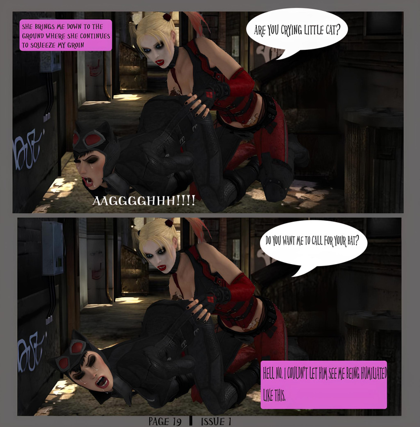 2girls 3d alstair2 batman:_arkham_city batman_(series) catwoman catwoman_(arkham) catwoman_(arkham_city) comic comic_page cuntbusting dc dc_comics harley_quinn harley_quinn_(arkham) harley_quinn_(arkham_city) low_blow multiple_girls selina_kyle