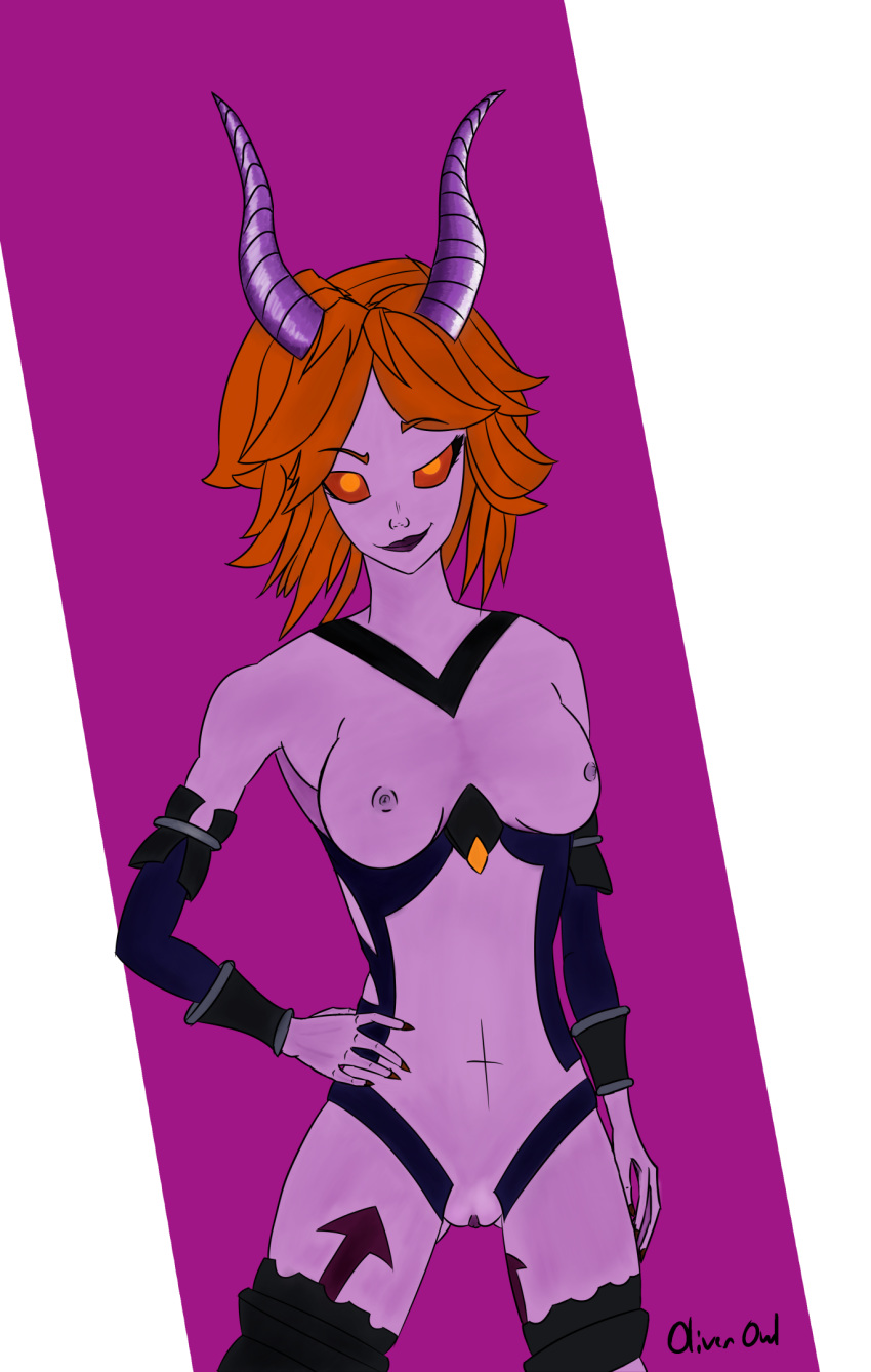 1girls alternate_costume alternate_hairstyle breasts demon demon_girl demonette_maeve drawn exposed_breast female female_only horns maeve_(paladins) nipples oliverowle orange_eyes orange_hair paladins purple_skin raised_eyebrows short_hair solo solo_focus