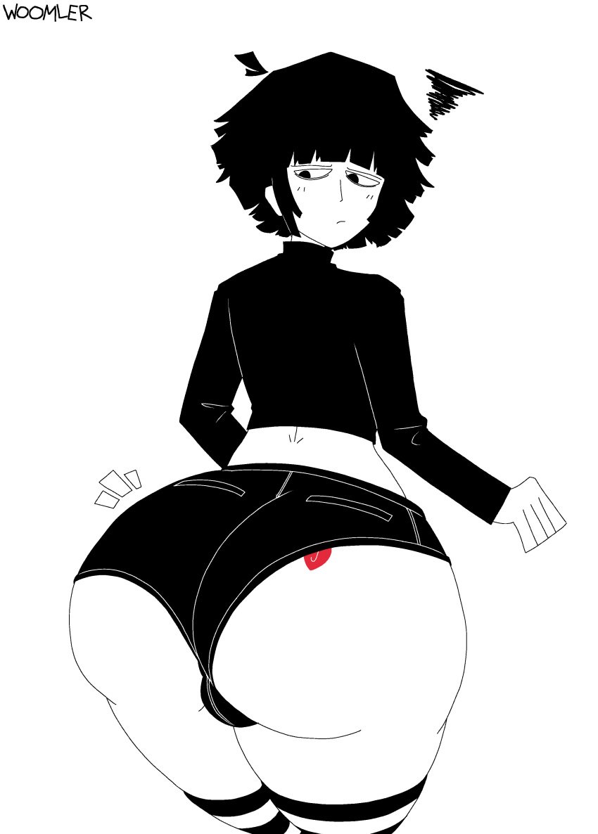 1boy artist_name bags_under_eyes blush booty_shorts crop_top femboy femboy_woomler jack_of_hearts pixel_art short_hair shorts stockings tattoo woomler