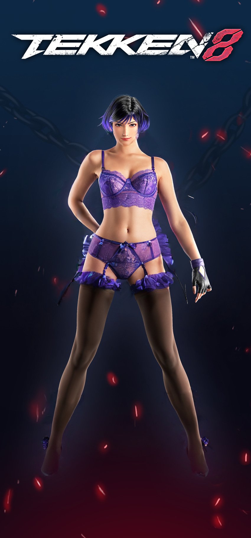 1girls 3d alluring black_and_purple_hair fanmade female female_only grey_eyes lingerie medium_breasts namco paradox_(artist) photoshop reina_mishima solo tekken tekken_8 thighhigh_stockings underwear