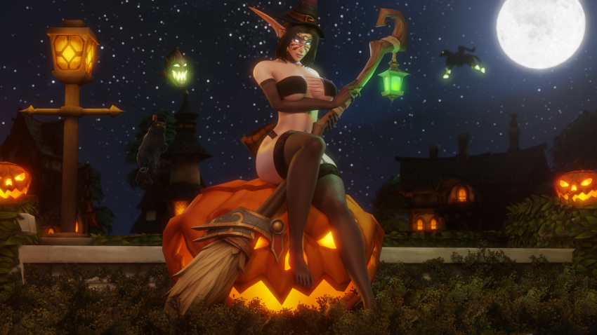 3d bra broom elf female glowing_eyes halloween jack-o'-lantern kynalea_dawnfire morilymory night_elf stockings witch_hat world_of_warcraft