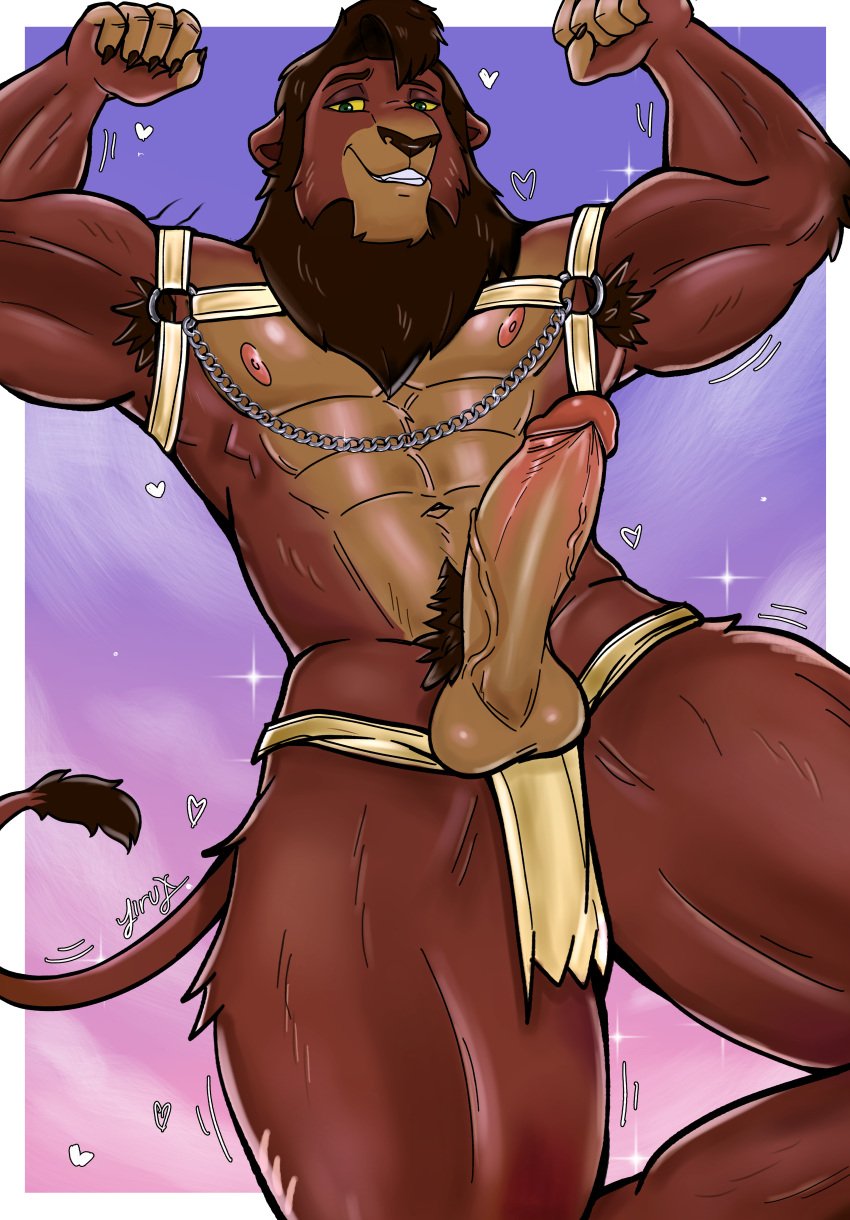 2023 abs absurd_res anthro armpit_hair balls body_hair brown_body chains digital_media_(artwork) disney erection felid flexing genitals harness hi_res humanoid_genitalia humanoid_penis jirux kovu_(the_lion_king) lion male male_only mammal mane muscular muscular_anthro muscular_male nipples nude pantherine penis pubes solo tail the_lion_king