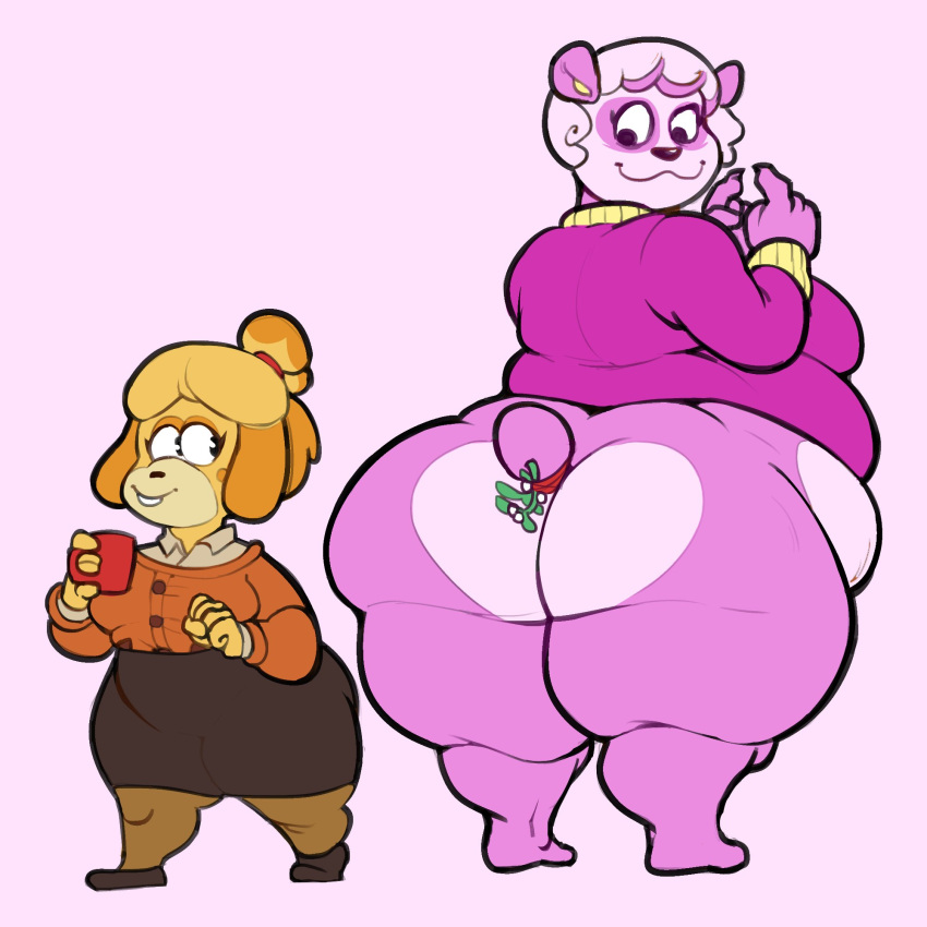 2girls animal_crossing anthro ass chubby female female_only furry gnausea isabelle_(animal_crossing) mistletoe no_visible_genitalia overweight overweight_female pinky_(animal_crossing) rounded_leaves toony white_berries