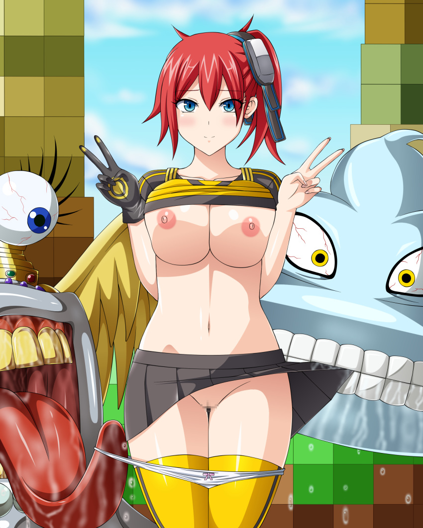 1girls 2boys ami_aiba areolae artist_request bandai blue_eyes breasts digimon digimon_(species) digimon_story digimon_story:_cyber_sleuth digiphilia double_v female female_protagonist gloves goggles hair human large_breasts male multiple_boys nipples panties_down platinumnumemon platinumscumon pussy red_hair shirt_lift skirt skirt_lift stockings thighhighs video_games yellow_legwear