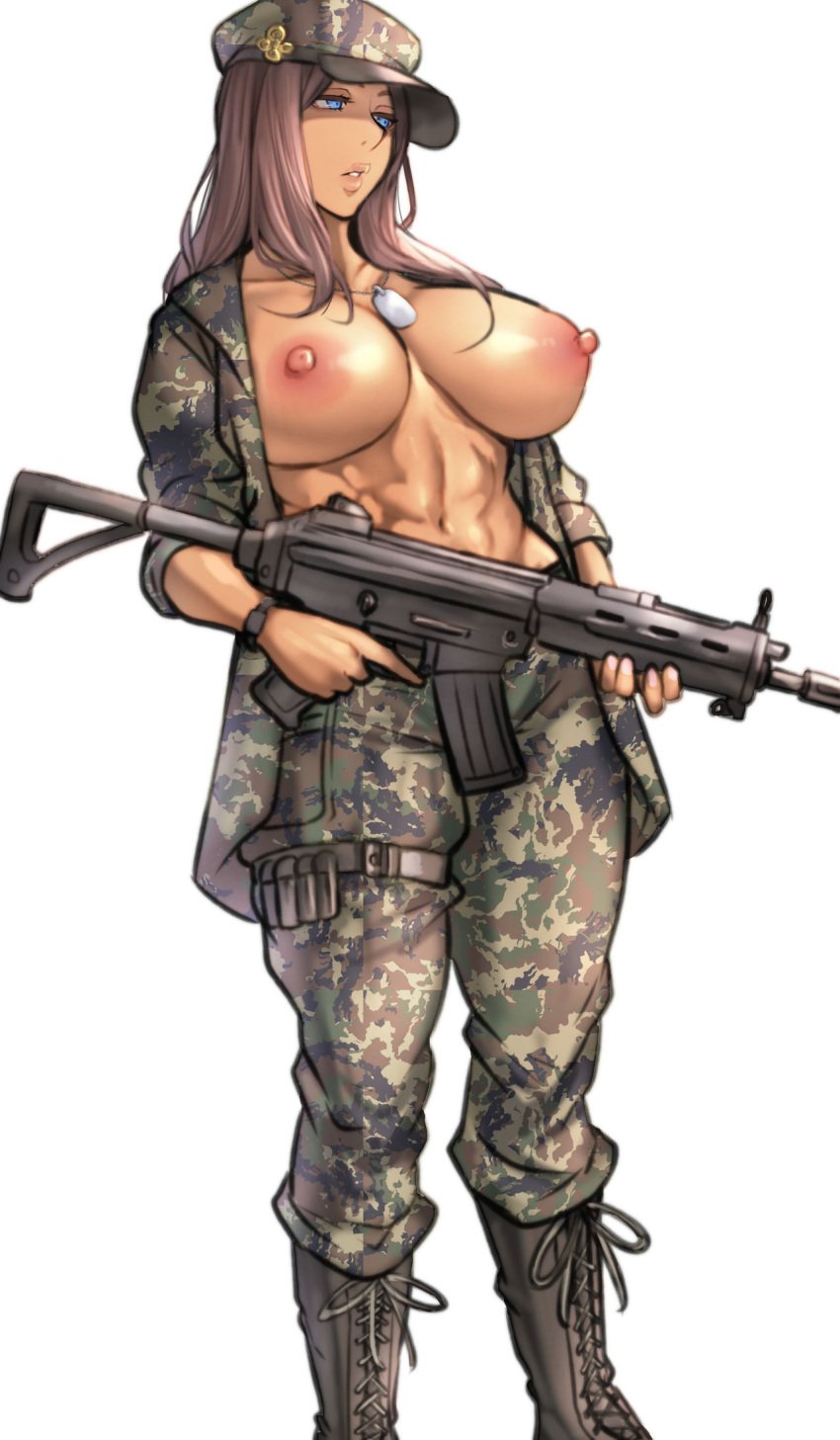 1girls 2021 abs absurd_res belt blue_eyes boots breasts brown_hair camouflage casual casual_nudity casual_topless clothing dog_tag_girl_(pepe_(jonasan)) dog_tags female female_only green_jacket green_pants gun hat highres holding_gun holding_rifle holding_weapon jacket large_breasts long_hair military military_hat military_uniform muscles navel nipples open_clothes open_jacket original pants pepe_(jonasan) rifle simple_background soldier solo standing teeth thigh_belt toned toned_female uniform watch weapon white_background wristwatch