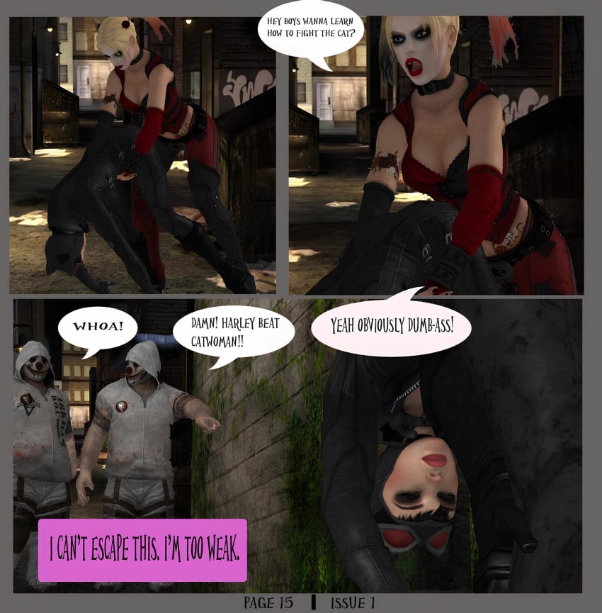 2girls 3d alstair2 batman:_arkham_city batman_(series) catwoman catwoman_(arkham) catwoman_(arkham_city) comic comic_page cuntbusting dc dc_comics harley_quinn harley_quinn_(arkham) harley_quinn_(arkham_city) low_blow multiple_girls selina_kyle