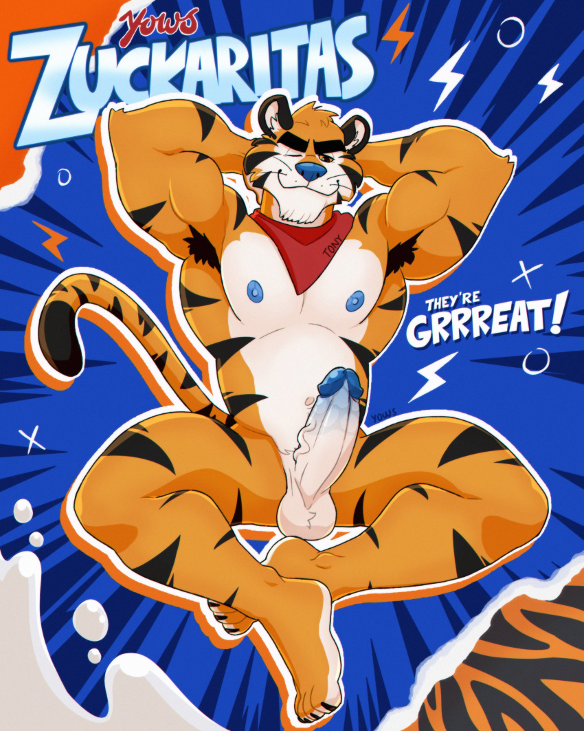 1boy absurd_res anthro armpit_hair balls black_eyebrows black_stripes blue_glans blue_nipples blue_nose body_hair english_text erection eyebrows felid frosted_flakes genitals glans hi_res humanoid_genitalia humanoid_penis kellogg's male male_only mammal mascot nipples nude orange_body orange_tail pantherine penis solo stripes tail text tiger tony_the_tiger vein veiny_penis yows yows_(artist)