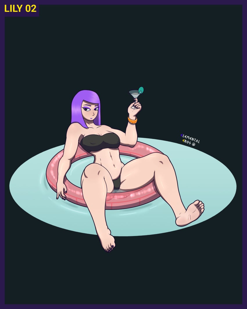 barefoot belly bikini bikini_bottom bikini_top duolingo elementaleros feet floater goth_girl legs_apart lily_(duolingo) no_background open_legs purple_eyes purple_hair