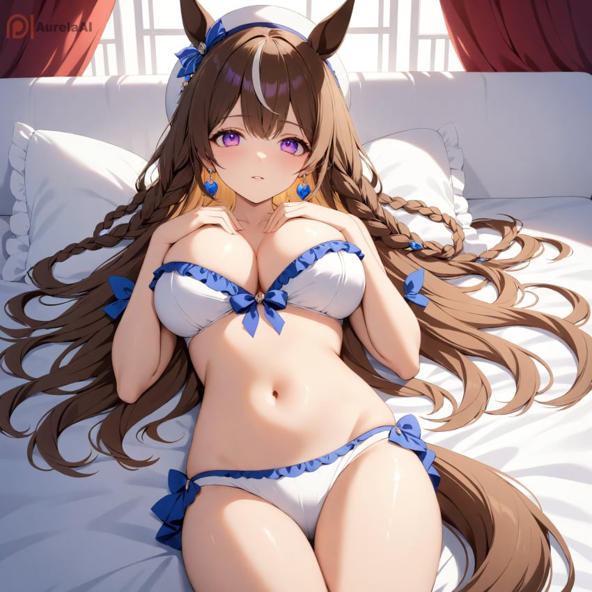 1girls ai_generated aurelaai bangs bare_arms bare_shoulders bikini blush braid brown_hair cleavage earrings frills hokko_tarumae_(umamusume) large_breasts long_hair looking_at_viewer lying navel purple_eyes ribbon solo stable_diffusion stomach swimsuit tail thighs very_long_hair