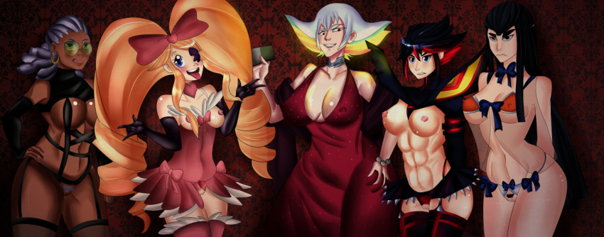 5girls abs breasts female female_only green-tinted_eyewear harime_nui hououmaru_rei human kill_la_kill kiryuuin_ragyou kiryuuin_satsuki matoi_ryuuko multiple_girls npcxxx npczoey sunglasses tinted_eyewear