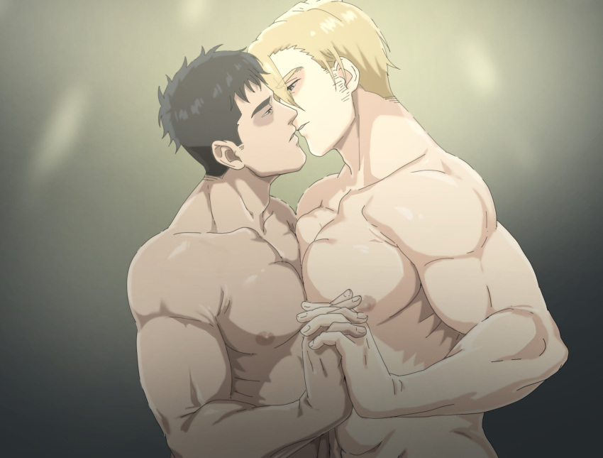 2boys ao_isami bang_brave_bang_bravern bara bara_tits bisen_(mirion_ray) black_hair black_hair_bottom blonde_hair blonde_hair_on_black_hair blonde_hair_top blue_eyes couple domination gay holding_hands imminent_kiss interlocked_fingers large_pectorals lewis_smith light_hair_on_dark_hair looking_at_another male male/male male_nipples male_only masculine muscular muscular_male nipples no_visible_genitalia pecs pectoral_docking pectoral_press pectorals romantic short_hair sideburns simple_background upper_body yaoi yuuki_bakuhatsu_bang_bravern