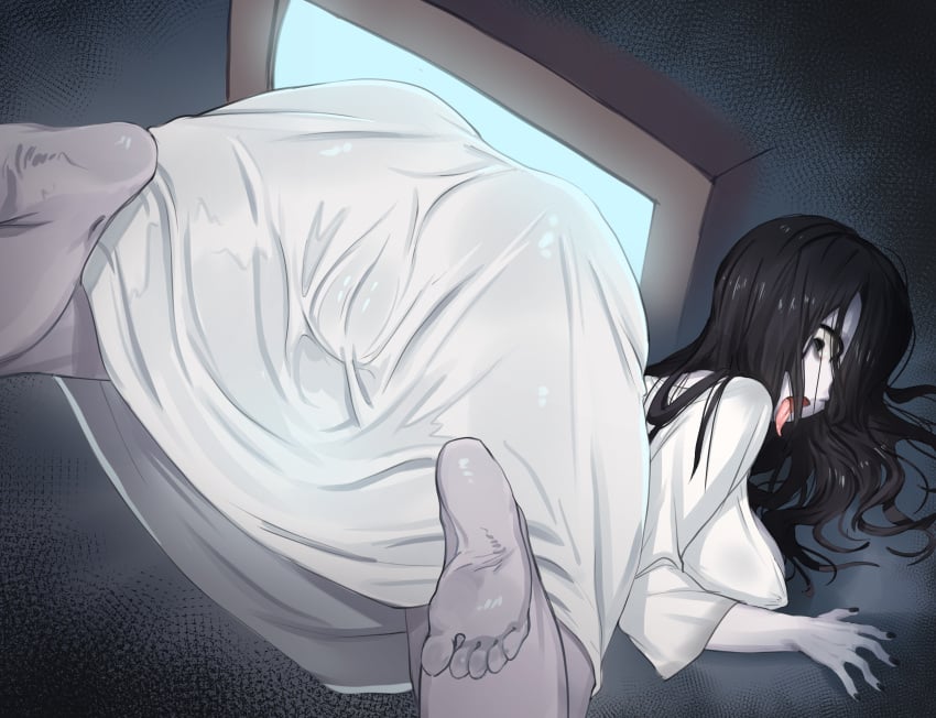 black_eyes black_hair crawling ghost ghost_girl mocomori pale-skinned_female pale_skin static the_ring tv white_dress yamamura_sadako