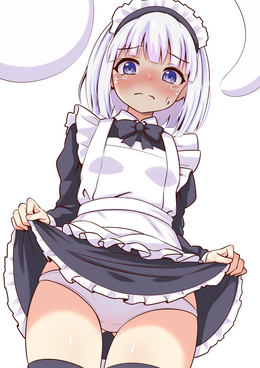 absurdres apron black_bow black_bowtie black_dress black_thighhighs blue_eyes blunt_bangs blush bob_cut bow bowtie closed_mouth clothes_lift collared_shirt dress dress_lift embarrassed female frilled_dress frills from_below highres hikuchi_riku konpaku_youmu lifted_by_self long_sleeves looking_at_viewer maid maid_apron maid_headdress nose_blush panties shirt short_hair simple_background solo tears thighhighs thighs touhou underwear wavy_mouth white_background white_hair white_panties white_shirt youmu_konpaku youmu_konpaku_(ghost)