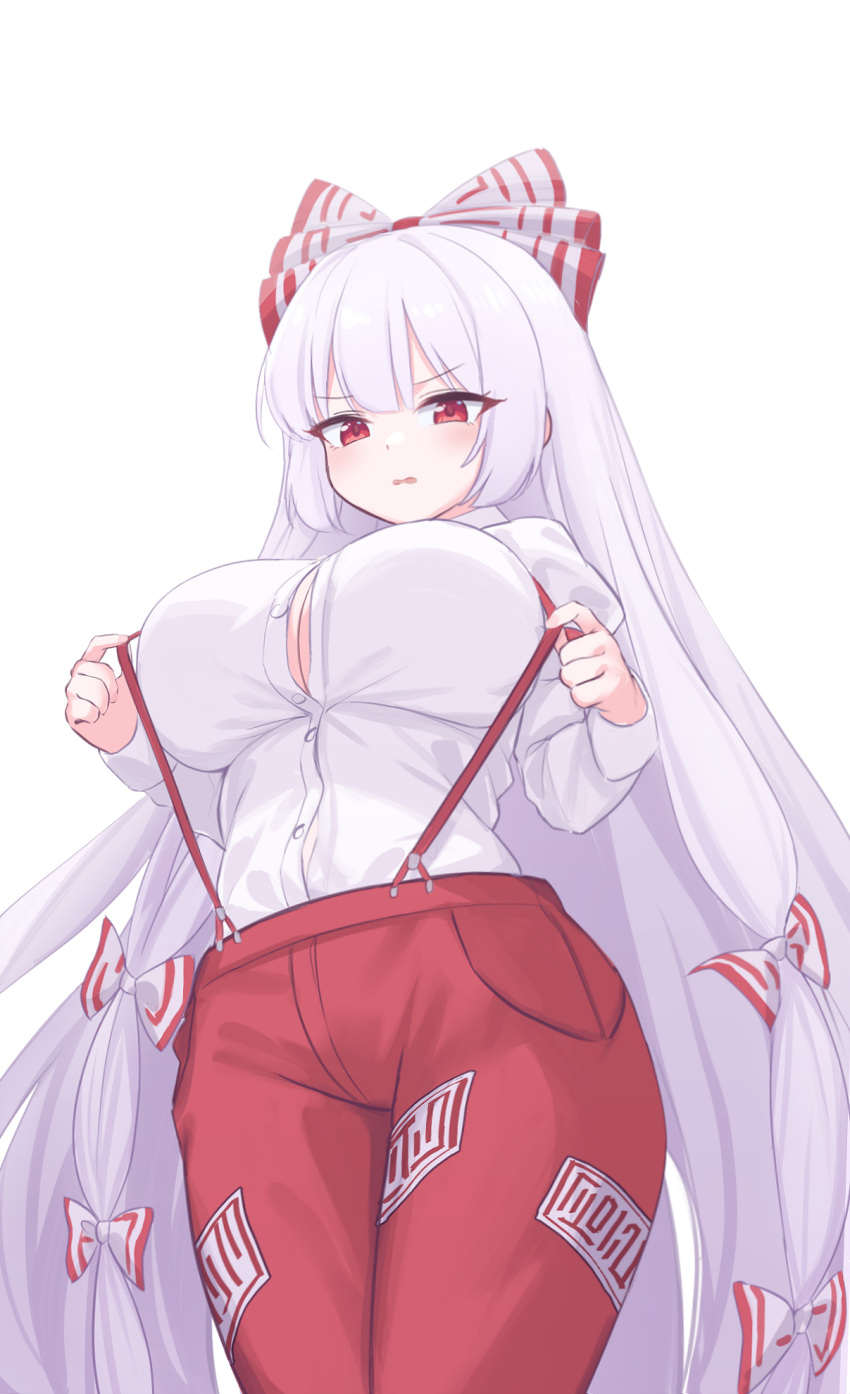 big_breasts blush bow breasts bsm_(nerdmin) collared_shirt cowboy_shot female fujiwara_no_mokou fully_clothed hairbow highres huge_breasts large_breasts long_hair long_sleeves open_mouth pants red_eyes red_pants shirt simple_background solo touhou white_background white_bow white_hair white_shirt