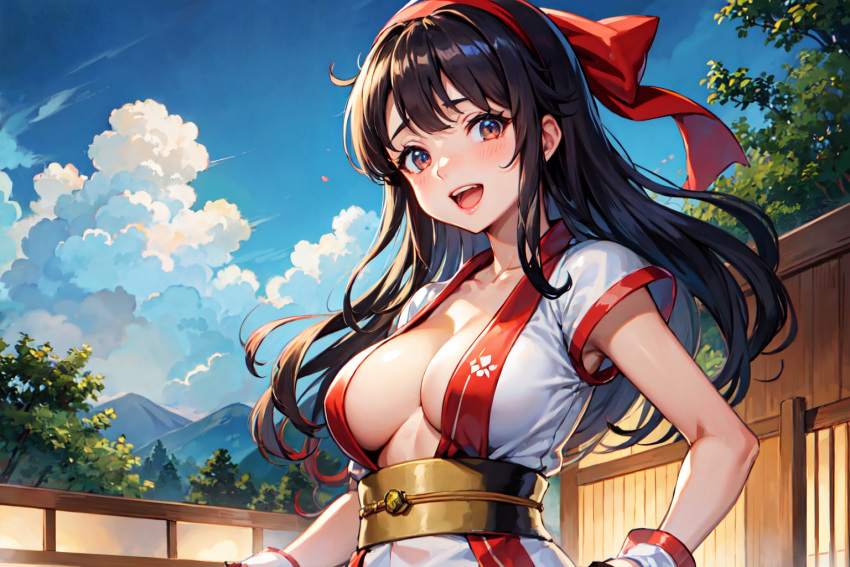 1girls ai_generated ainu_clothes alternate_breast_size big_breasts black_hair busty cleavage female female_only hair_ribbon king_of_fighters large_breasts looking_at_viewer nakoruru open_mouth samurai_shodown smile snk solo voluptuous