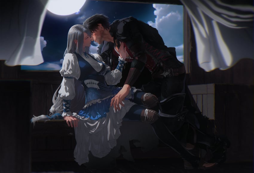 1boy 1boy1girl 1girls aged_up almost_kissing anklet big_breasts big_mogong boots clive_rosfield dress face_scar female final_fantasy final_fantasy_xvi grey_hair intimate jill_warrick kissing leaning_forward long_hair long_sleeves looking_at_another looking_at_partner male medieval_clothing moonlight night open_window pushing pushing_away scar skirt slim_waist tied_hair white_hair wind