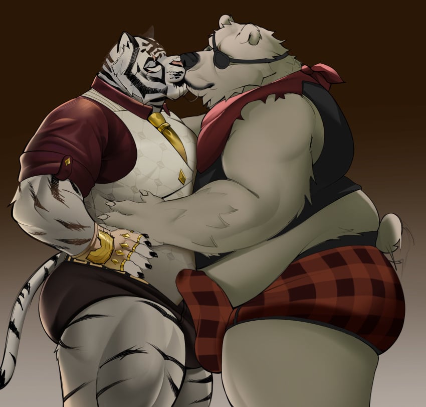 2024 absurd_res anthro ass balls_outline bear belly belly_overhang big_butt bulge clothed clothing detailed_bulge duo embrace epic_games erection erection_under_clothing eye_patch eyewear felid fortnite fur genital_outline hi_res hug kissing male male/male male_only mammal musclegut muscular necktie oscar_(fortnite) overweight overweight_male pantherine pattern_clothing pattern_underwear penis_outline plaid plaid_clothing plaid_underwear polar_bear polar_patroller romantic romantic_couple scar side_view standing striped_body striped_fur stripes suit_and_tie tail tail_motion tailwag tiger tigertimeworks underwear ursine white_body white_fur