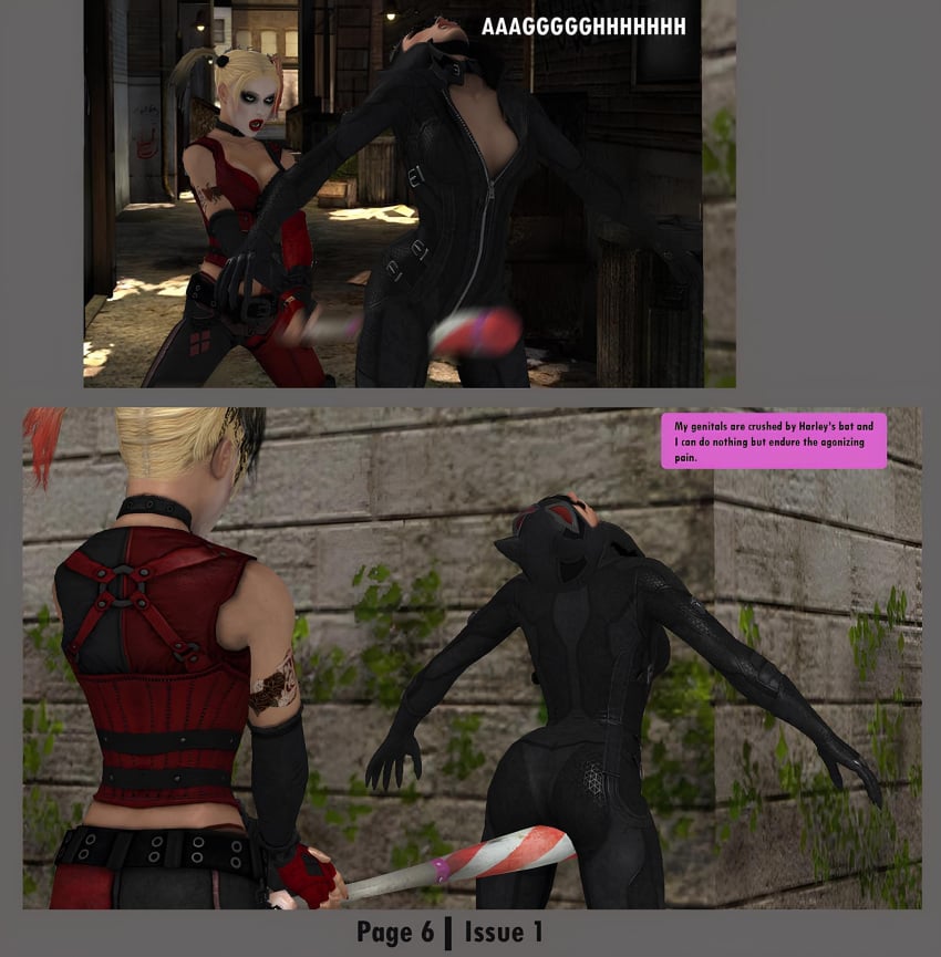 2girls 3d alstair2 batman:_arkham_city batman_(series) catwoman catwoman_(arkham) catwoman_(arkham_city) comic cuntbusting dc dc_comics harley_quinn harley_quinn_(arkham) harley_quinn_(arkham_city) low_blow multiple_girls selina_kyle