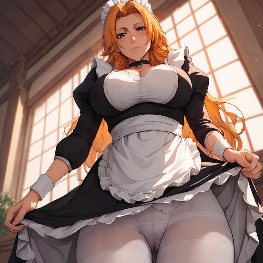 1girls ai_generated alex-schura bleach bleach:_the_thousand-year_blood_war blue_eyes blush blush_lines breast_squeeze breasts breasts_out brown_eyes cleavage cleavage_cutout cleavage_overflow dress dress_lift embarrassed from_below huge_breasts indoors kneeling large_breasts lifted_by_self maid maid_headdress maid_outfit maid_uniform matsumoto_rangiku mature mature_female nipples nipples_visible_through_clothing orange_hair orange_hair_female panties pantyhose pantyshot pantyshot_(standing) see-through see-through_clothing stable_diffusion standing viewed_from_below visible_nipples voluptuous voluptuous_female wavy_hair