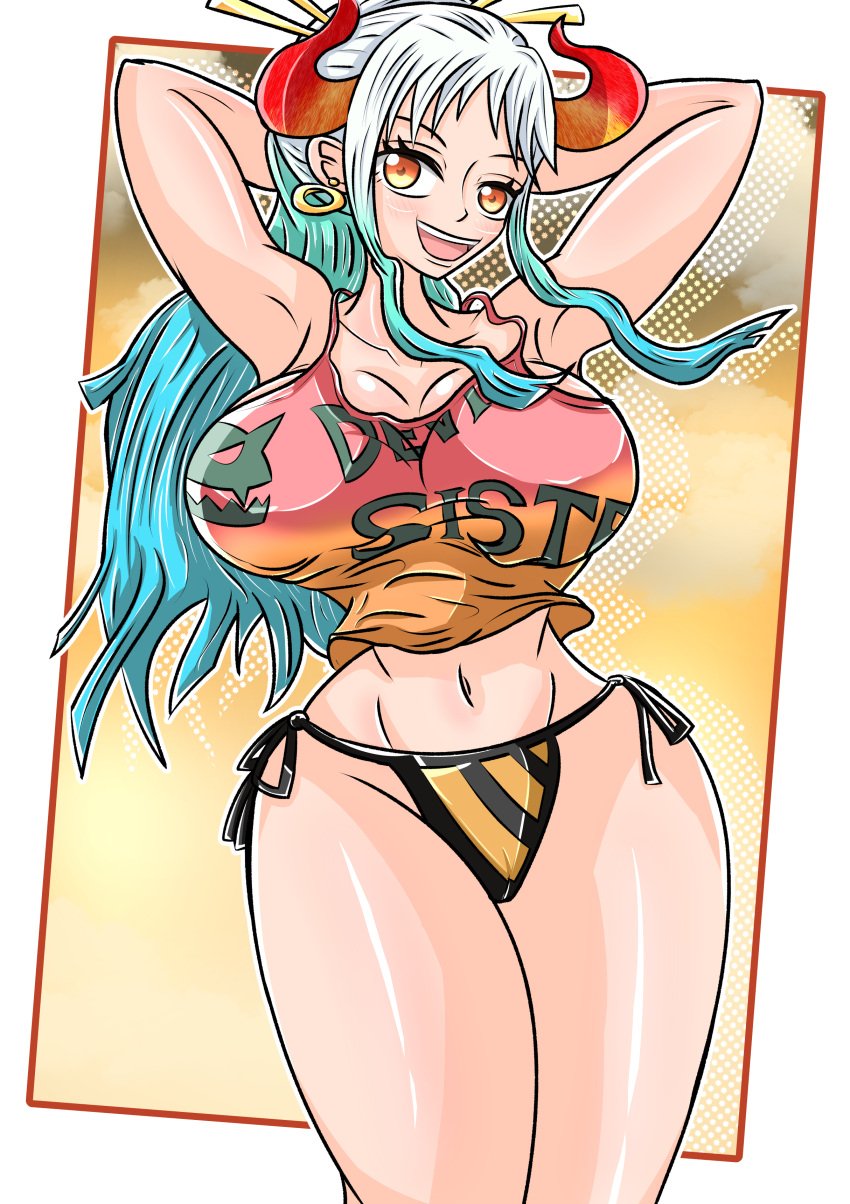 1girls bare_arms bare_legs bare_shoulders bare_thighs big_breasts bikini bikini_bottom clothed clothing color female female_focus female_only hi_res horns large_breasts light-skinned_female light_skin one_piece orange_eyes shirt shounen_jump side-tie_bikini solo solo_female tagme tank_top thick_thighs vilang534 white_hair wide_hips yamato_(one_piece)