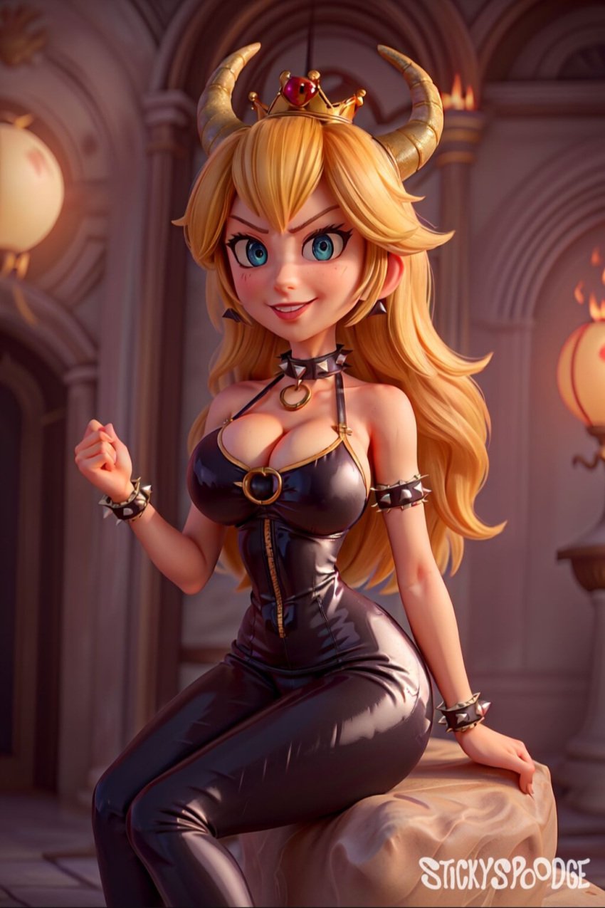 ai_generated blonde_hair blue_eyes bowsette_(cosplay) choker crown horn leather_clothing mario_(series) new_super_mario_bros._u_deluxe princess_peach princess_peach_(movie) stickyspoodge super_mario_bros._(2023_film)